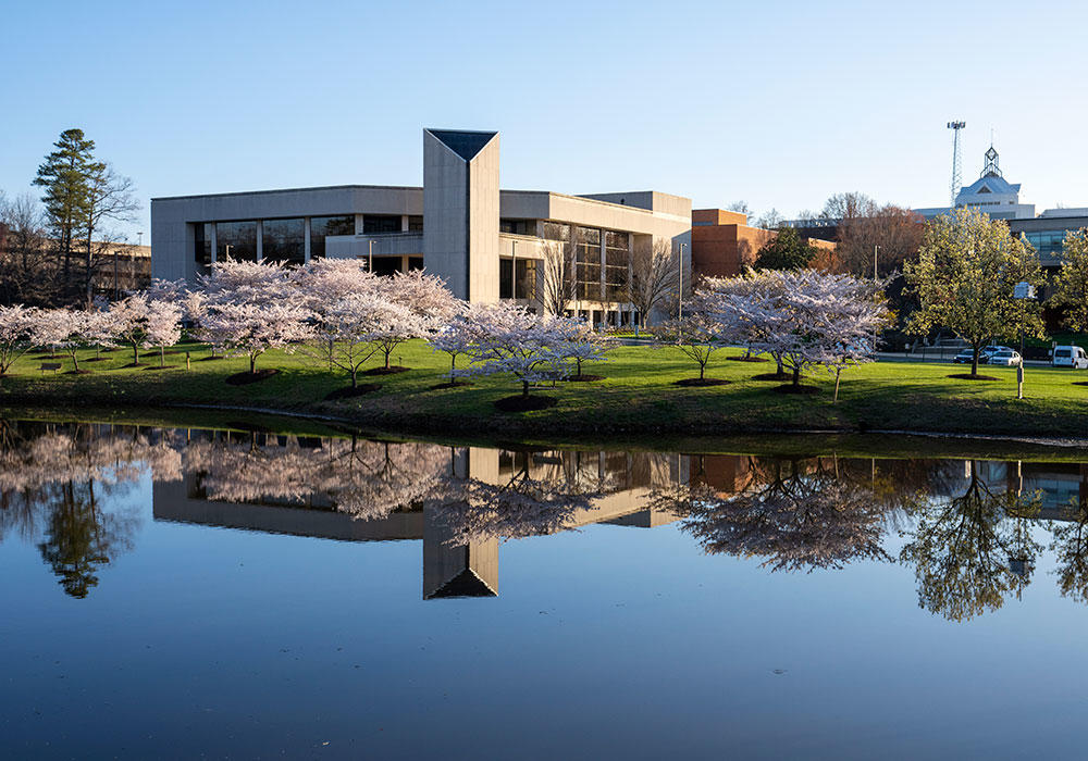 Center for the Arts at Mason's Fairfax campus seen from across the Mason Pond.