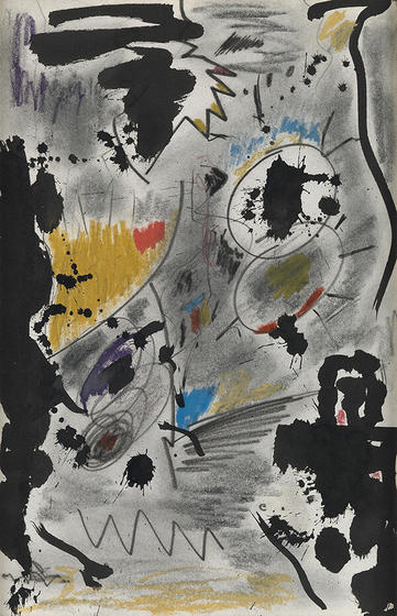 Carroll Sockwell, Untitled (Abstract Composition), 1977, ink, graphite and color pastels on paper, 20” X 13”